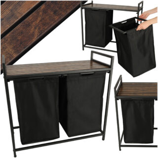 Kosz na pranie dwukomorowy duzy z polka blatem drewnianym LOFT czarny 158325.jpg